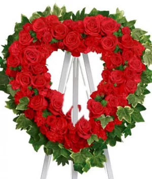 Corona Fúnebre forma de corazón de Rosas y claveles Rojos