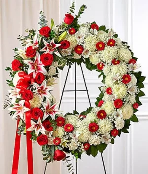 Corona Funeral flores rojas y blancas